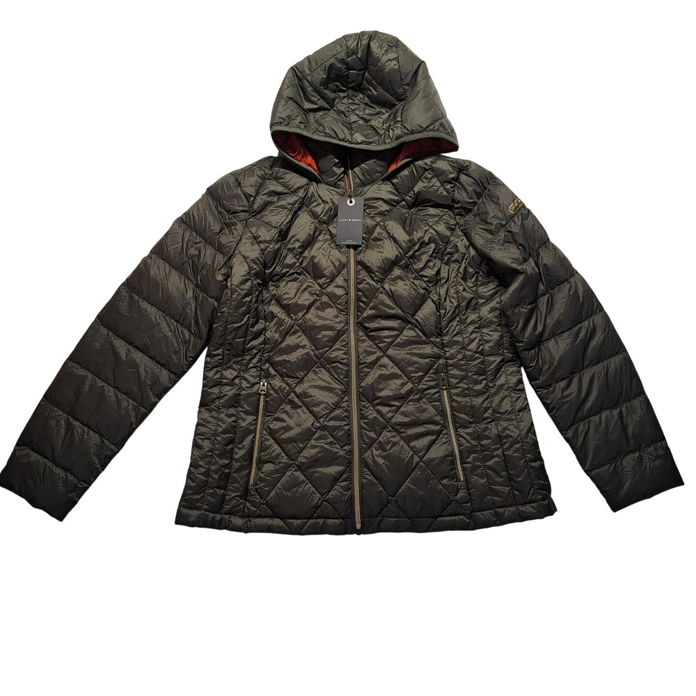 Lucky Brand Puffer Jacket Women Large Olive Green New Hooded‎ Packable Quilted